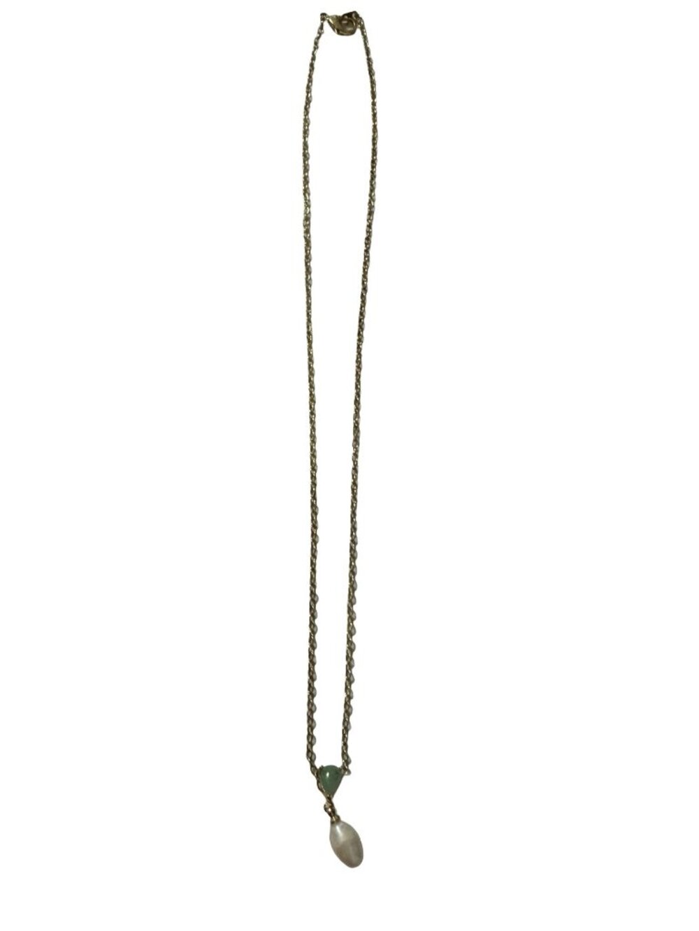 Gold Tone Green Heart Stone Faux Pearl Drop Necklace 17 Inch